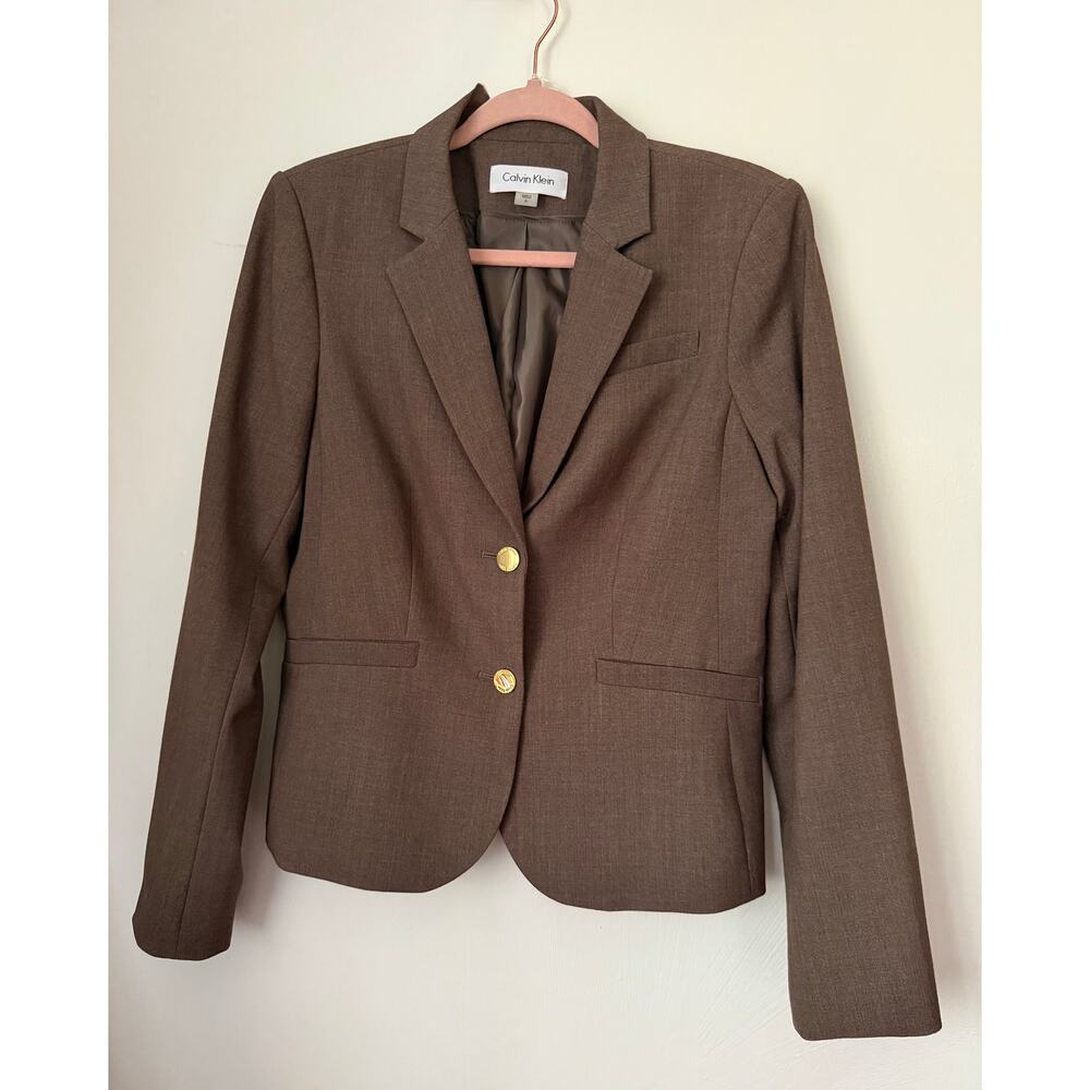 Calvin Klein Neutral Heather Brown Blazer Suit Two Gold Button Jacket XS Small 8